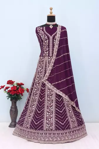 Wine georgette heavy embroidery semi stitched sequins work wedding gowns