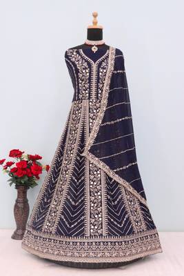 Navy blue  georgette heavy embroidery semi stitched sequins work wedding gowns 3