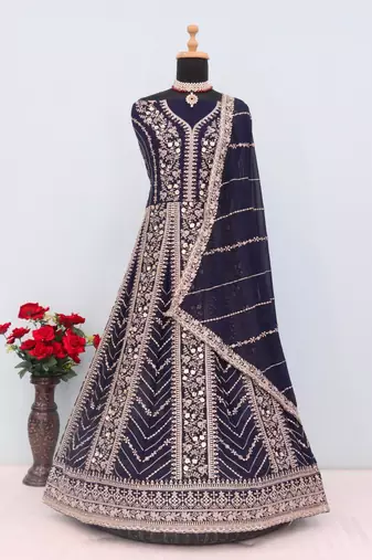 Navy blue  georgette heavy embroidery semi stitched sequins work wedding gowns