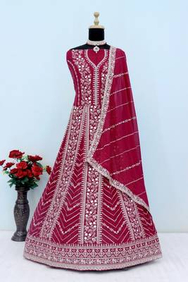 Rani pink  georgette heavy embroidery semi stitched sequins work wedding gowns 3