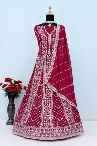 Rani pink  georgette heavy embroidery semi stitched sequins work wedding gowns