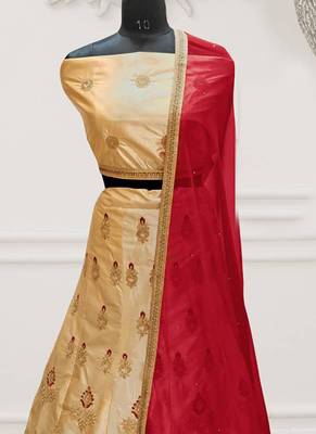 Beige Embroidery Satin Silk Party Wear Ethnic Lehengas 2
