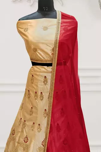 Beige Embroidery Satin Silk Party Wear Ethnic Lehengas