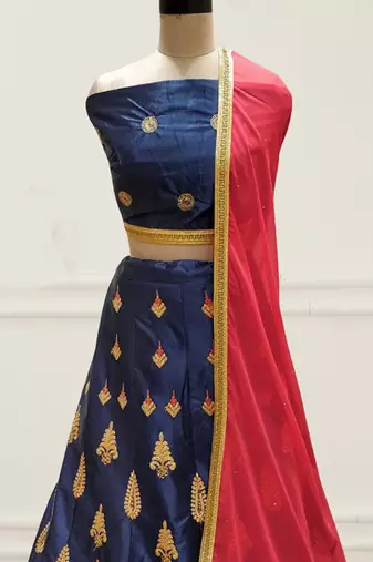 Blue Embroidery Satin Silk Party Wear Ethnic Lehengas
