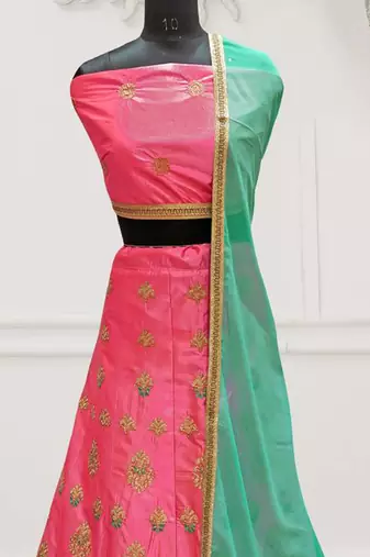 Pink Embroidery Satin Silk Party Wear Ethnic Lehengas