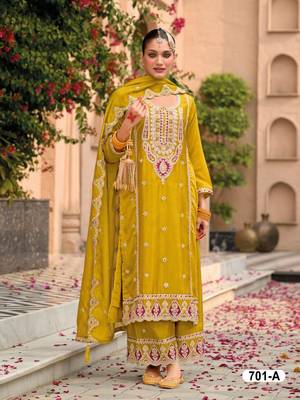 Yellow chinon heavy embroidery semi stitched wedding palazzo suits 1