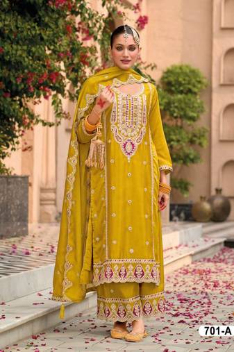 Yellow chinon heavy embroidery semi stitched wedding palazzo suits