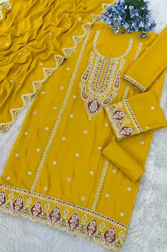 Yellow chinon heavy embroidery semi stitched wedding palazzo suits