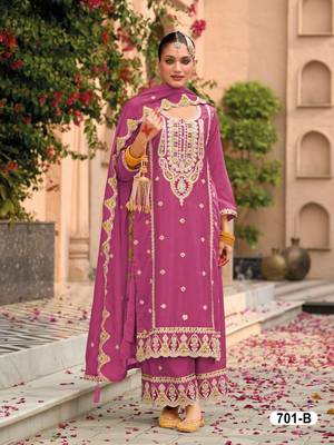 Lavender chinon heavy embroidery semi stitched wedding palazzo suits 1