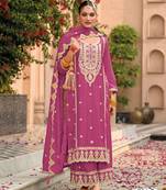 Lavender chinon heavy embroidery semi stitched wedding palazzo suits