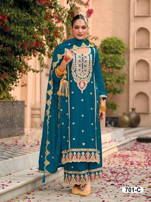Teal chinon heavy embroidery semi stitched wedding palazzo suits 1