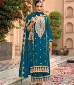 Teal chinon heavy embroidery semi stitched wedding palazzo suits