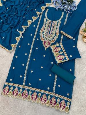 Teal chinon heavy embroidery semi stitched wedding palazzo suits 2