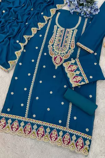 Teal chinon heavy embroidery semi stitched wedding palazzo suits