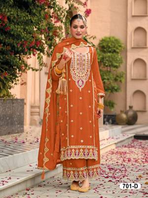 Orange chinon heavy embroidery semi stitched wedding palazzo suits 1