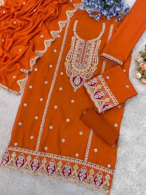 Orange chinon heavy embroidery semi stitched wedding palazzo suits 2