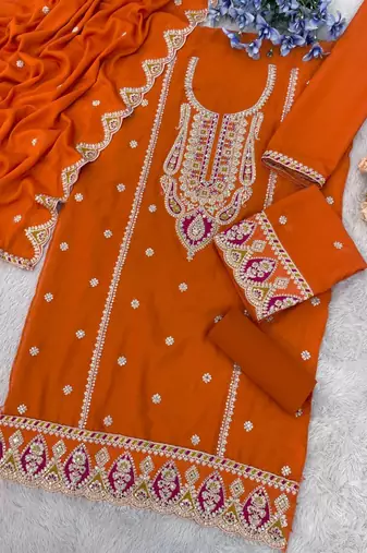 Orange chinon heavy embroidery semi stitched wedding palazzo suits