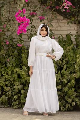 White Georgette Stitched Abaya  without Hijab 1