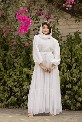 White Georgette Stitched Abaya  without Hijab 2