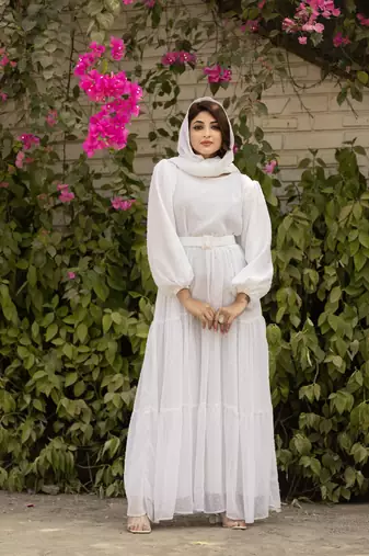 White Georgette Stitched Abaya  without Hijab