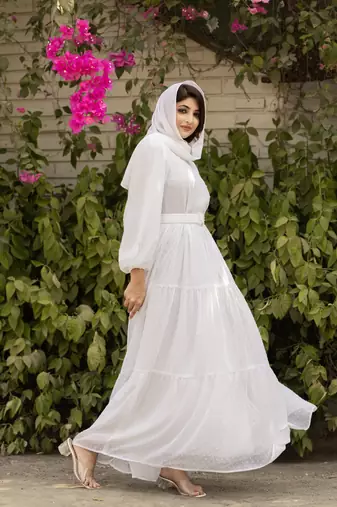 White Georgette Stitched Abaya  without Hijab