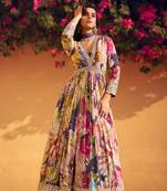 Multicolor floral print alia cut chinon free size full stitched gown