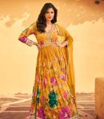Yellow floral print alia cut chinon free size full stitched gown