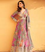 Grey floral print alia cut chinon free size full stitched gown