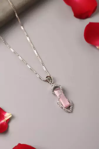 Silver Alloy American Diamond Pink Stone Necklace