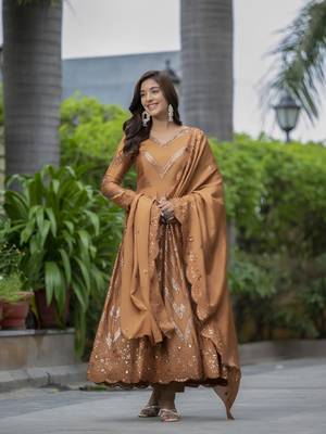 CHIKU CHINON SILK PARTY WEAR SILK EMBODERY SALWAR SUIT  1