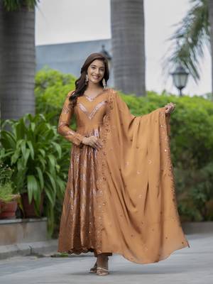 CHIKU CHINON SILK PARTY WEAR SILK EMBODERY SALWAR SUIT  4