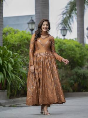 CHIKU CHINON SILK PARTY WEAR SILK EMBODERY SALWAR SUIT  5