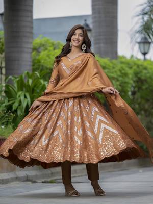 CHIKU CHINON SILK PARTY WEAR SILK EMBODERY SALWAR SUIT  6