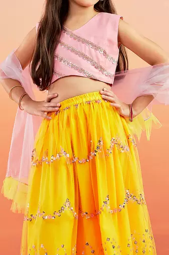  girls' pink and yellow lehenga set