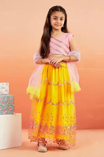 girls' pink and yellow lehenga set