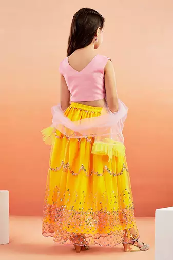  girls' pink and yellow lehenga set