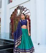 Firozi Chanderi With Zari Weaving Border semi Stitched Lehenga choli