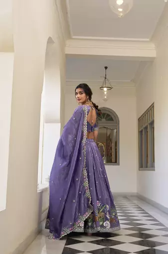 Lavender Gold Crush Sequins and Thread Embroidery Work Lehenga set with choli and dupatta