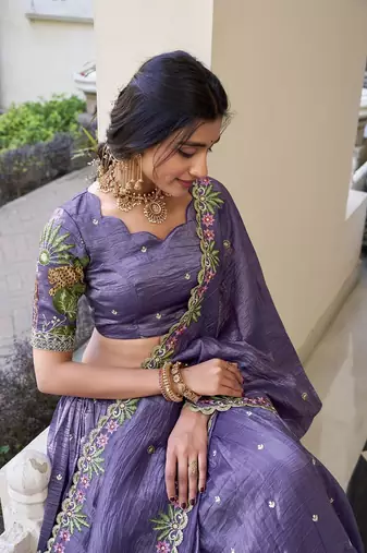 Lavender Gold Crush Sequins and Thread Embroidery Work Lehenga set with choli and dupatta