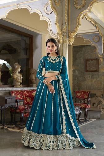 Firozi Vichitra Silk Sequins and Thread Embroidery Semi Stitched Lehenga choli