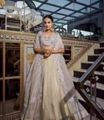 Cream Gold Crush Sequins and Thread Embroidery Work Unstitched Lehenga Choli