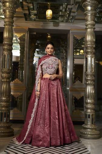 Rust Gold Crush Sequins and Thread Embroidery Work Unstitched Lehenga Choli