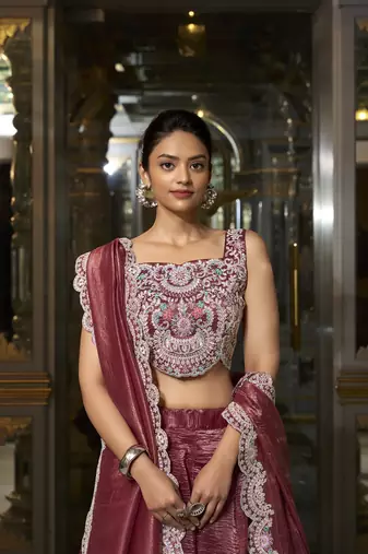 Rust Gold Crush Sequins and Thread Embroidery Work Lehenga set with choli and dupatta