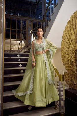 Pista Gold Crush Sequins and Thread Embroidery Work Unstitched Lehenga Choli 1