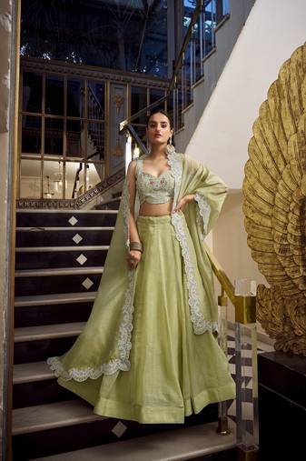 Pista Gold Crush Sequins and Thread Embroidery Work Unstitched Lehenga Choli