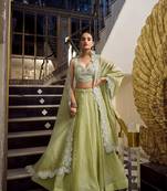 Pista Gold Crush Sequins and Thread Embroidery Work Unstitched Lehenga Choli