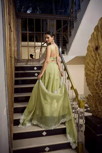 Pista Gold Crush Sequins and Thread Embroidery Work Unstitched Lehenga Choli
