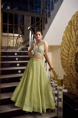 Pista Gold Crush Sequins and Thread Embroidery Work Unstitched Lehenga Choli 3