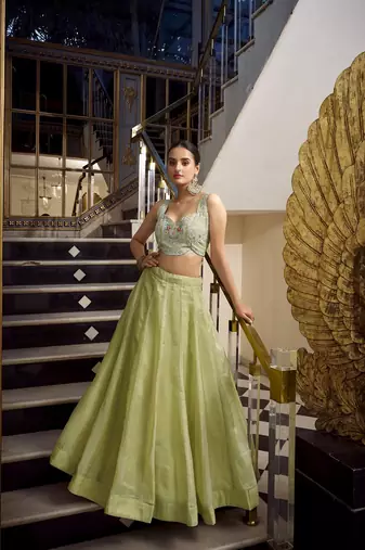 Pista Gold Crush Sequins and Thread Embroidery Work Unstitched Lehenga Choli