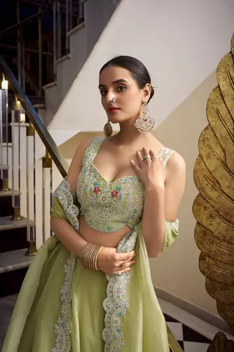 Pista Gold Crush Sequins and Thread Embroidery Work Unstitched Lehenga Choli